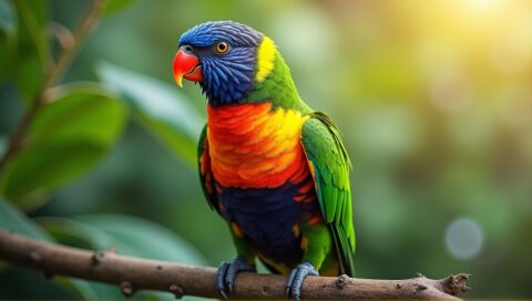 Vibrant parrot perched on branch, showcasing colorful feathers in lush tropical environment.