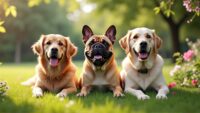 Group of popular dog breeds in a sunny park, showcasing their unique personalities.