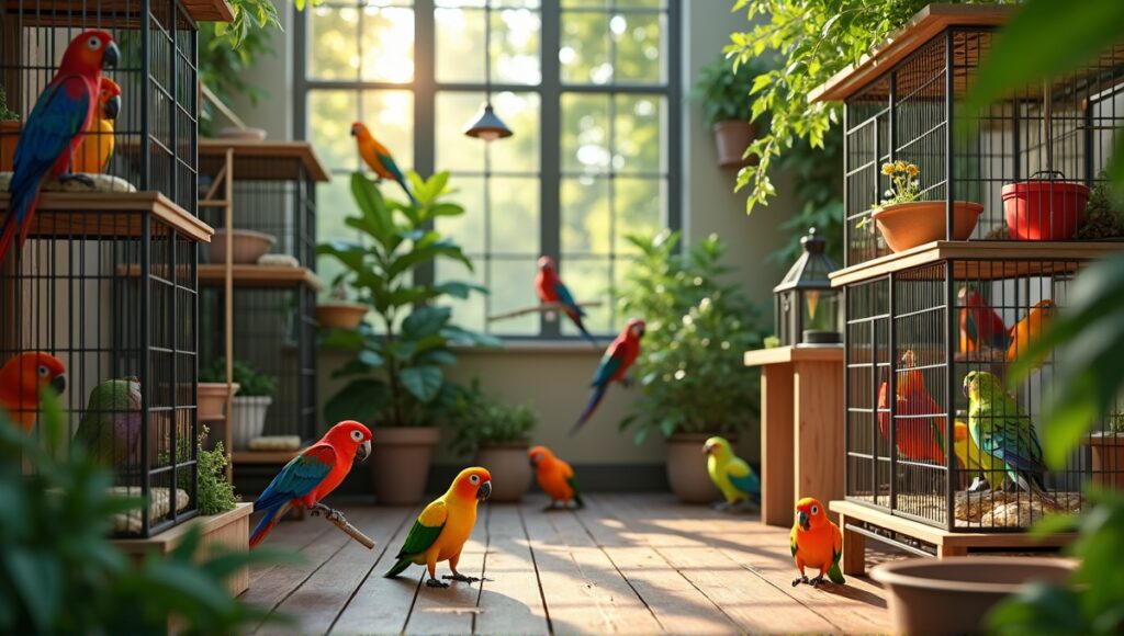 Well-organized parrot breeding environment with spacious cages, toys, and lush greenery.