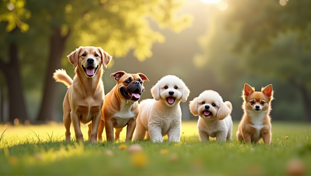 Five friendly dogs play in a sunny park: Golden Retriever, Labrador, Bulldog, Poodle, and Chihuahua.