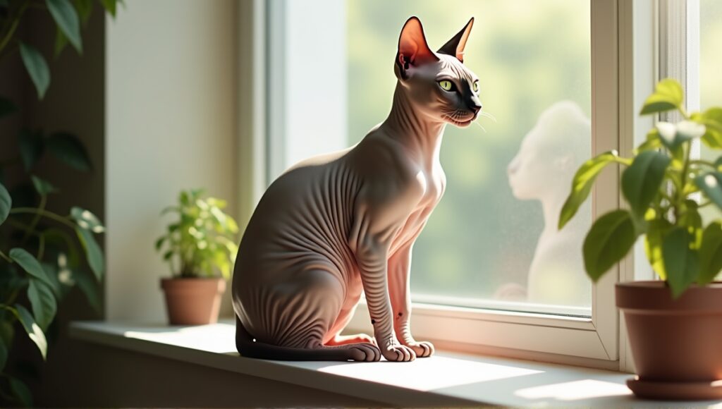 Sphynx cat on a windowsill, showcasing unique colors and patterns against indoor plants.
