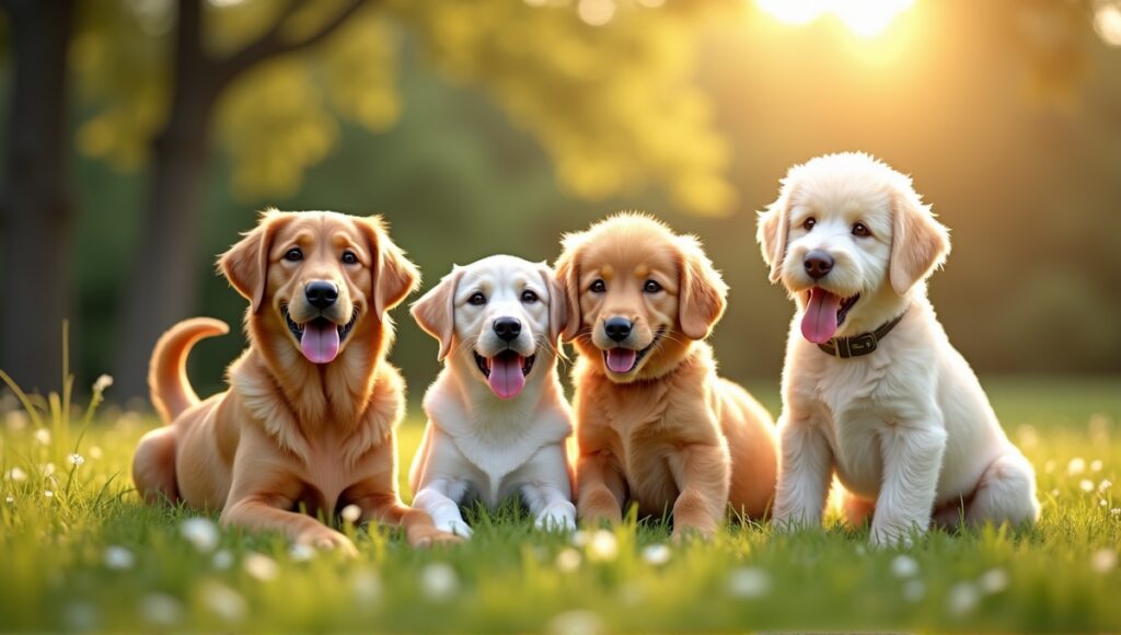 A variety of friendly therapy dog breeds in a sunny park, showcasing their unique traits.