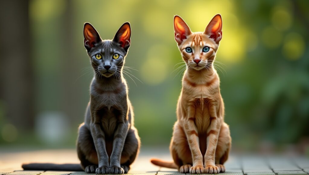 Oriental Shorthair cat with sleek body, almond eyes, large ears, vibrant coat colors.