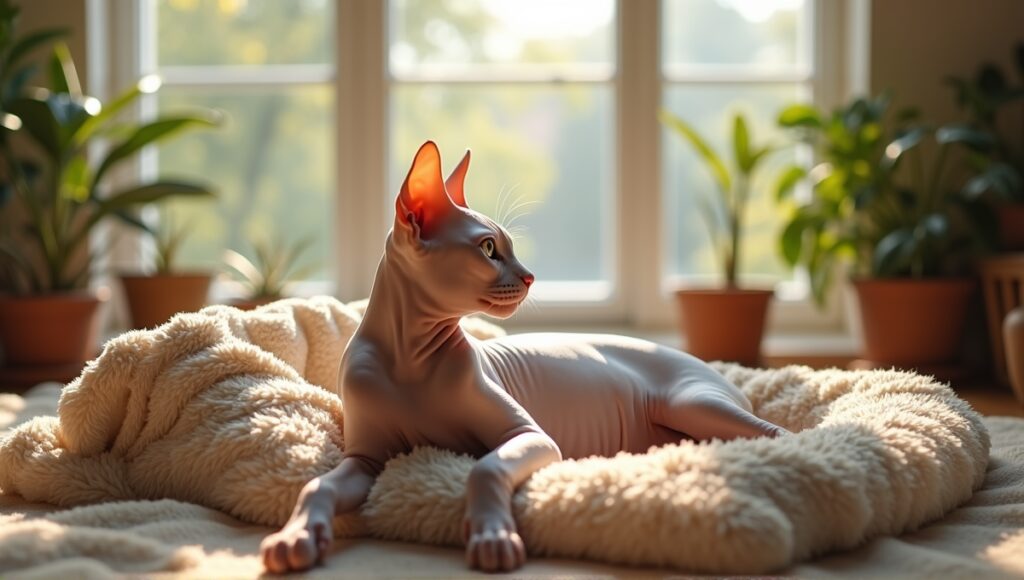 Hairless cat lounging on a plush bed in a cozy, serene room.