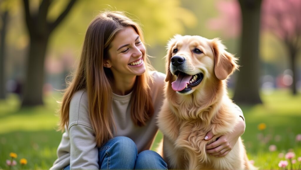 Golden retriever therapy dog sitting beside a smiling woman in a sunny park.