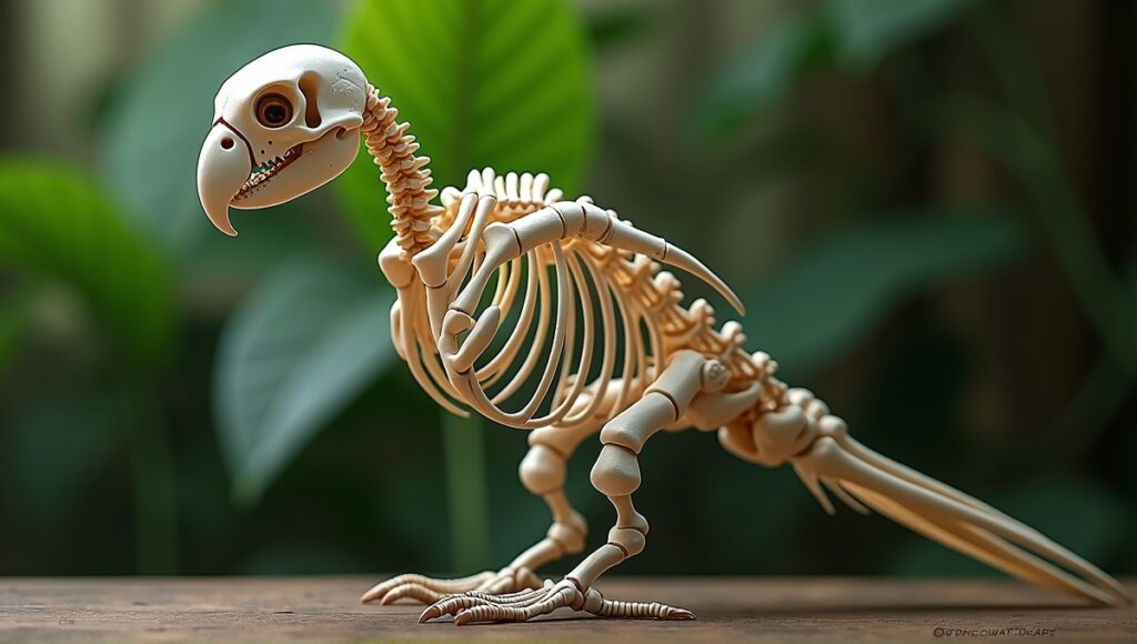 Detailed parrot skeleton highlighting intricate bone structure, skull, and unique flight adaptations.