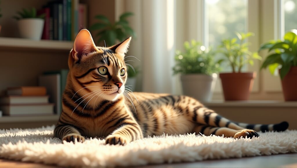 Mixed breed cat with unique coat pattern relaxing on a soft rug in a cozy living room.