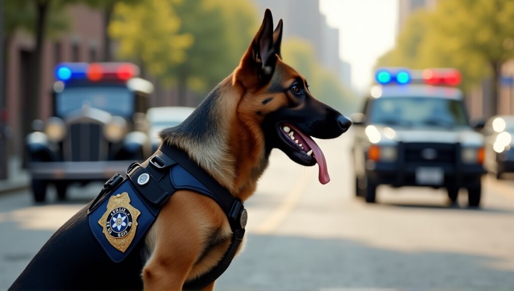 German Shepherd police dog in service harness, urban setting with historical vehicles in background.