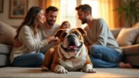 A loving family interacts with a playful bulldog in their cozy living room.