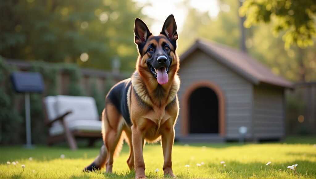 Robust German Shepherd standing alert in a serene backyard, showcasing guard dog traits.