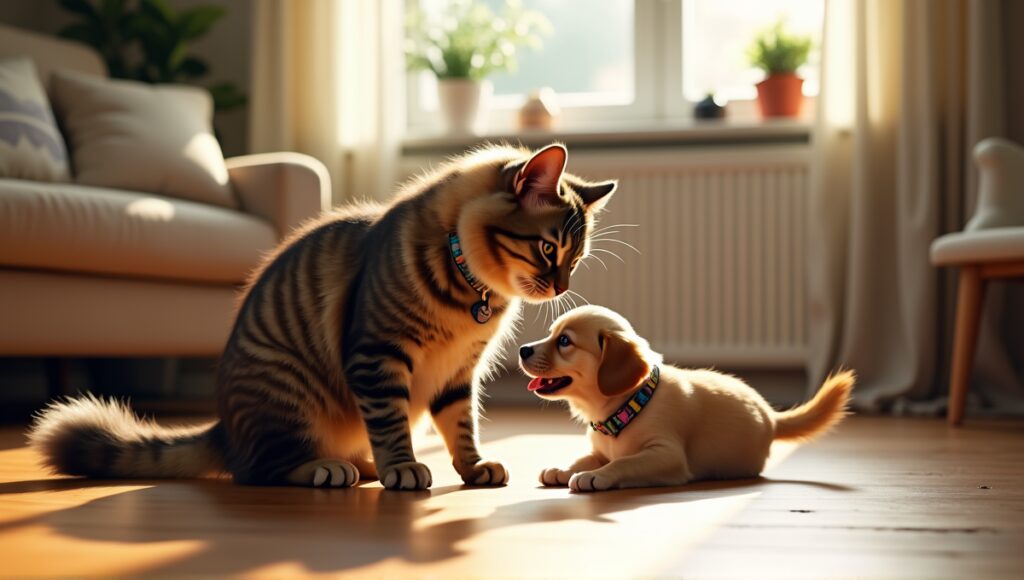 Relaxed mixed breed cat playing with a small dog in a cozy living room.