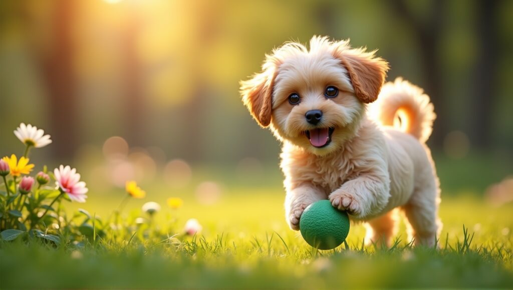 Fluffy dog joyfully chasing a colorful ball in a sunny park with vibrant flowers.