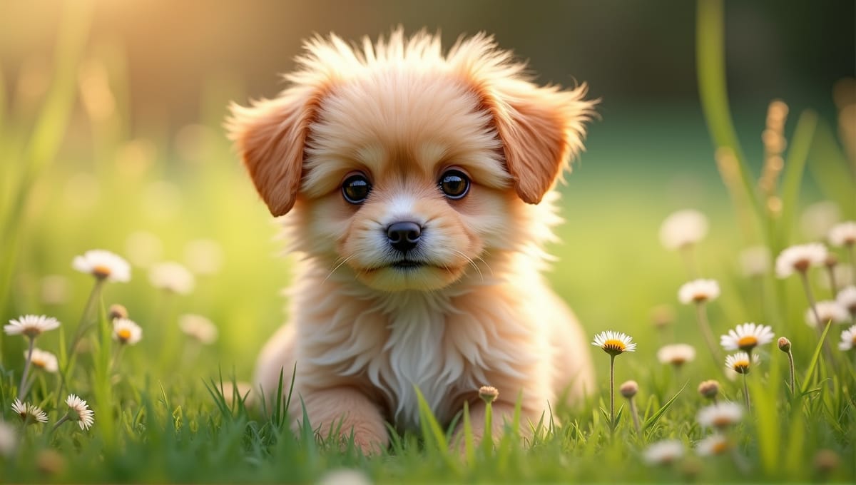 Fluffy small dog with expressive eyes sitting on vibrant green lawn surrounded by wildflowers.