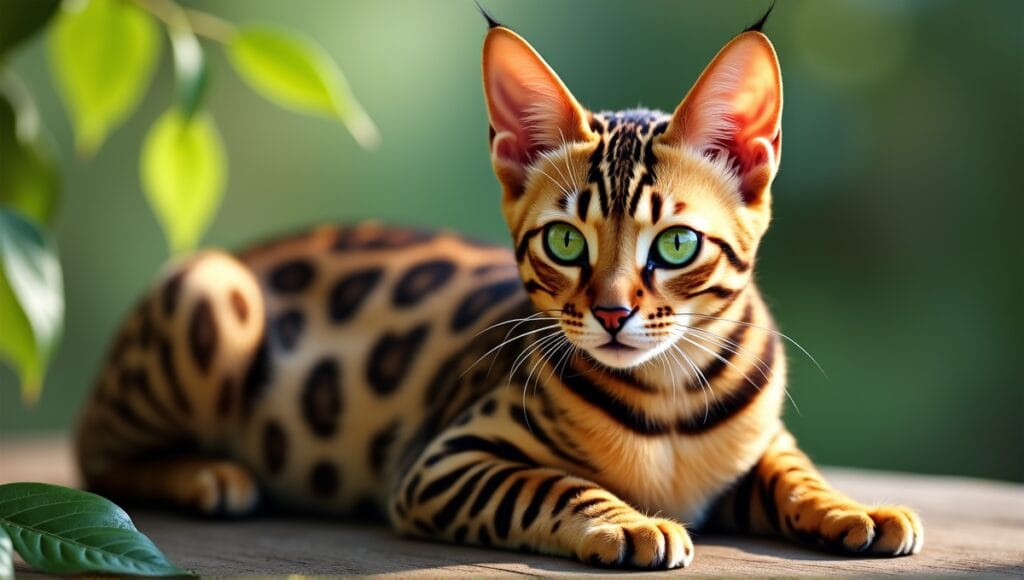 Bengal cat resting on wood, showcasing stunning spotted coat and captivating green eyes.