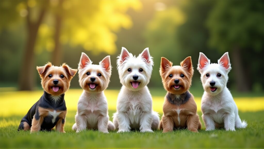A lively group of popular small terrier breeds in a sunlit park setting.