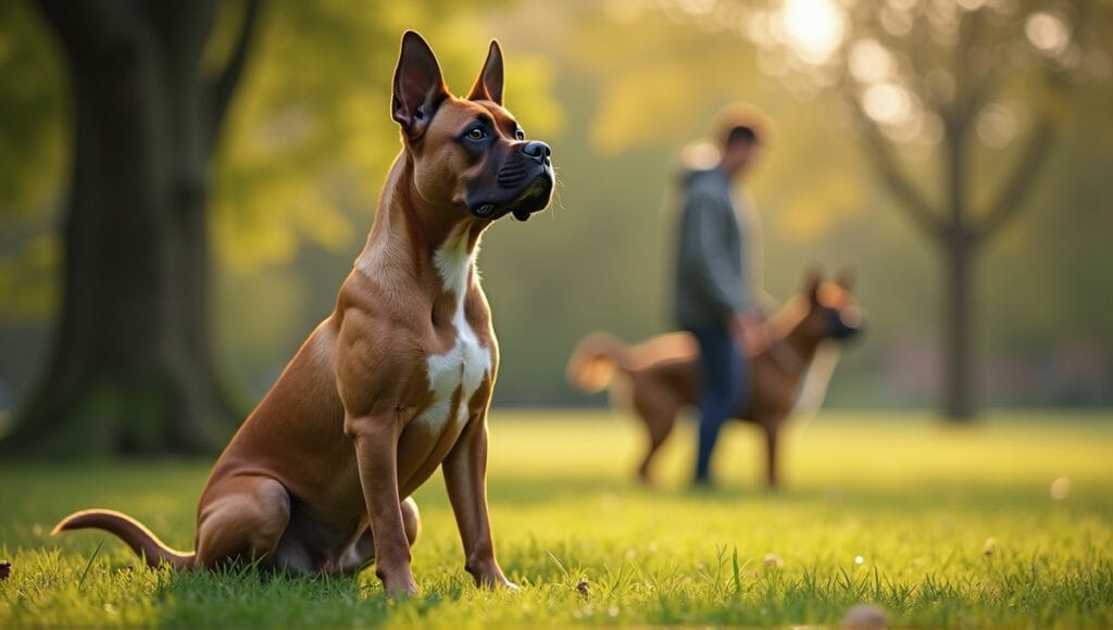 Strong, calm dog sitting on grass with trees, showcasing companionship and responsible ownership.