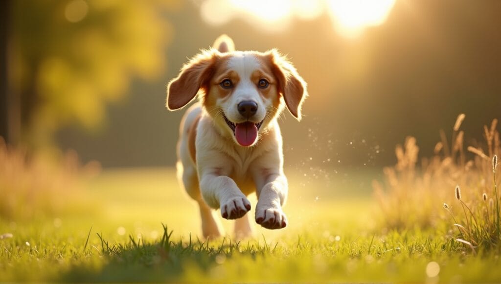 Energetic hound dog running in a sunlit field with exercise and grooming tools nearby.