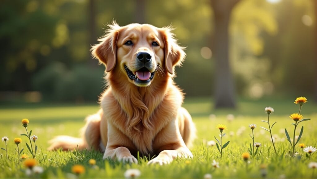 Cheerful golden retriever sitting in a sunlit park surrounded by green grass and wildflowers.