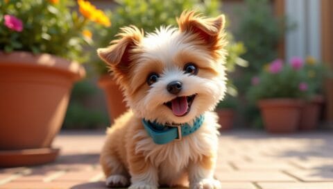 Small terrier with fluffy brown and white fur, wearing a blue collar, sitting on patio.