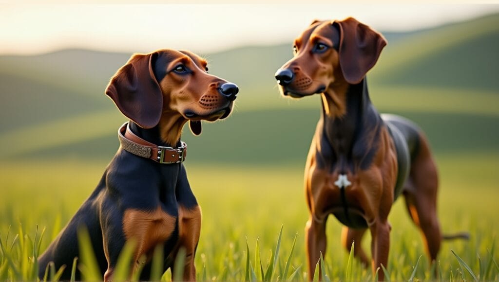 Two distinct hound dogs in a green field, one scent hound and one sight hound.
