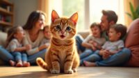 Playful munchkin cat with orange fur sits happily with a smiling family in a cozy living room.