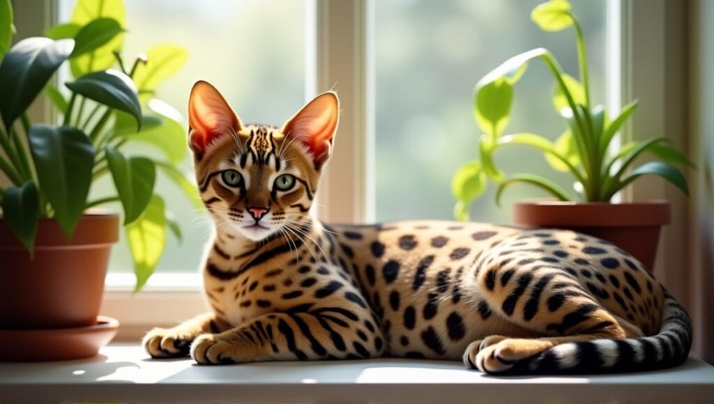 Savannah cat with spotted fur relaxing on a sunlit windowsill surrounded by indoor plants.