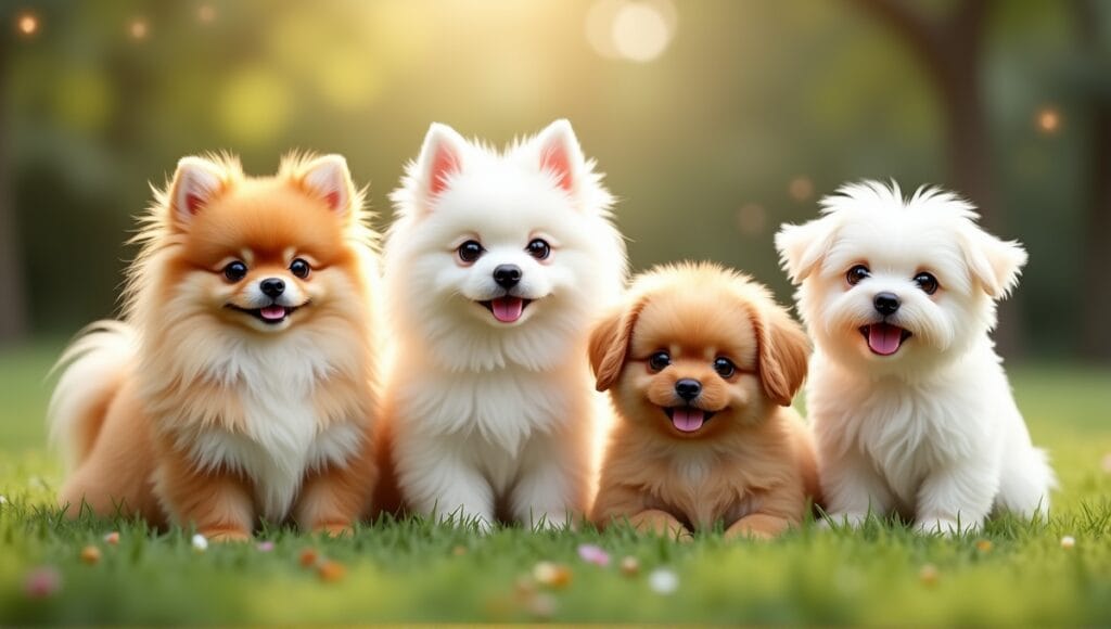 Small fluffy dog breeds in an outdoor setting, featuring Pomeranian, Bichon Frise, and Maltese.