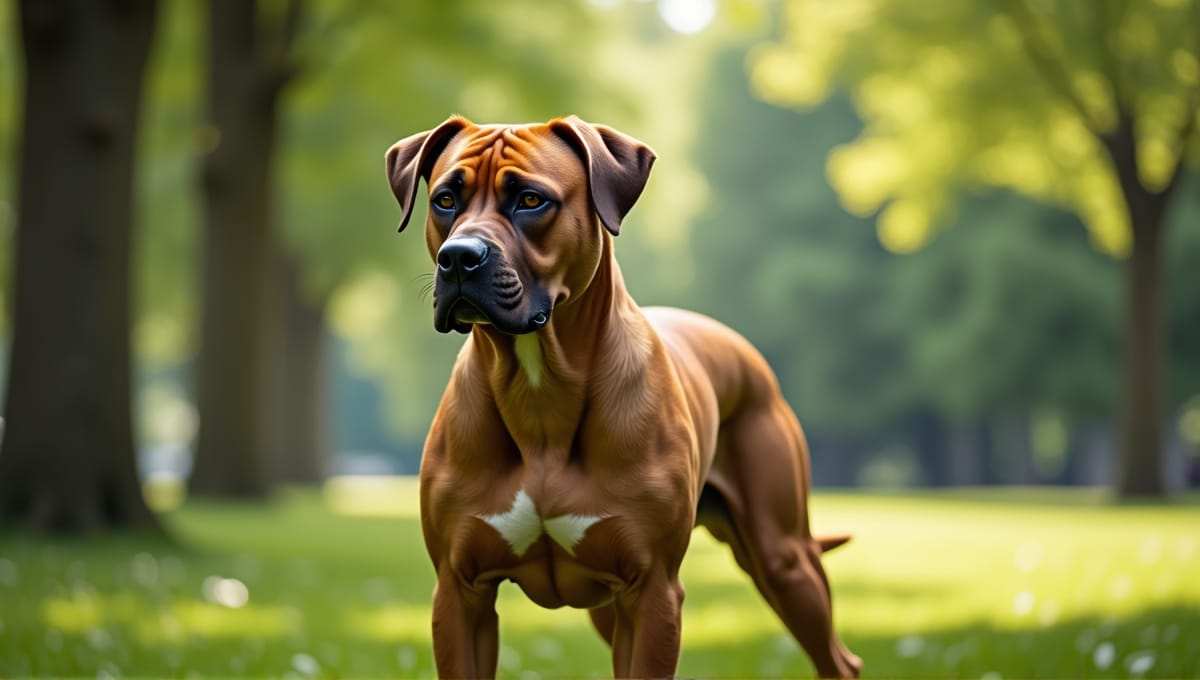 Strong, muscular dog in a serene park, showcasing power and gentleness amidst lush greenery.