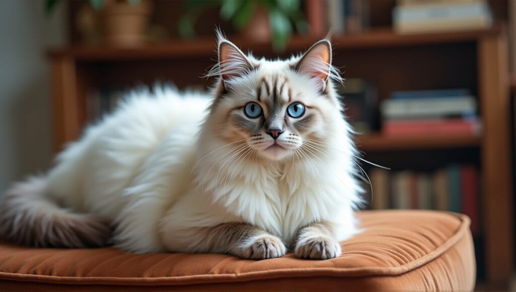 Majestic Birman cat with blue eyes on a plush cushion in a cozy living room.