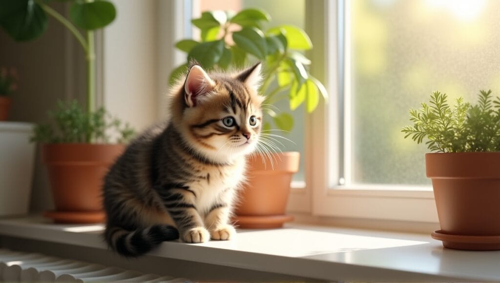 Munchkin cat with short legs sitting on a sunlit windowsill in a cozy home setting.