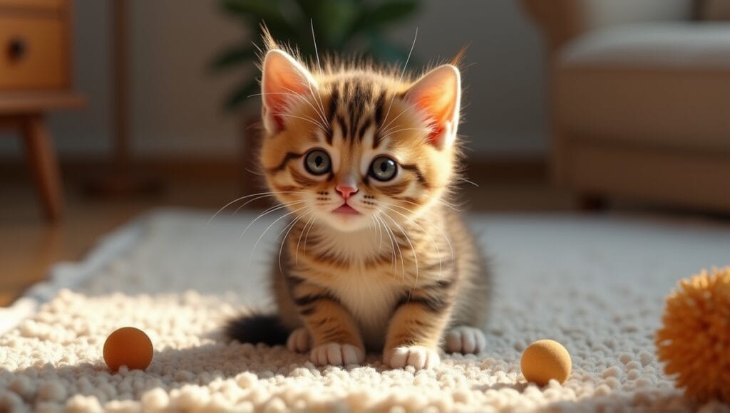 Munchkin cat with short legs and expressive face sitting in a cozy living room.