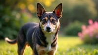 Rare dog breed with unique markings in a tranquil garden surrounded by greenery and flowers.