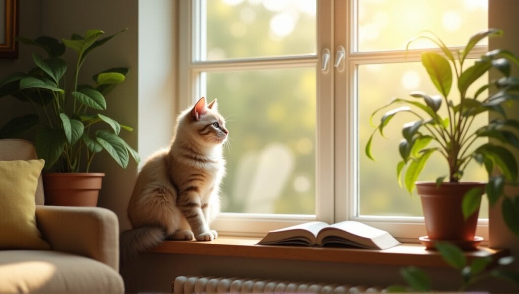 Hypoallergenic cat on sunlit window sill surrounded by indoor plants and cozy reading nook.