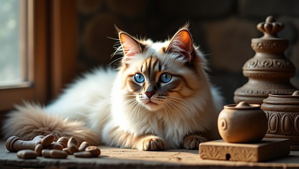 Regal Birman cat with blue eyes, nestled among ancient artifacts, exuding elegance and history.