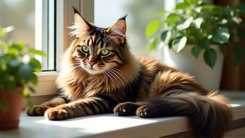 Maine Coon cat lounging on a windowsill, featuring tufted ears and green eyes.