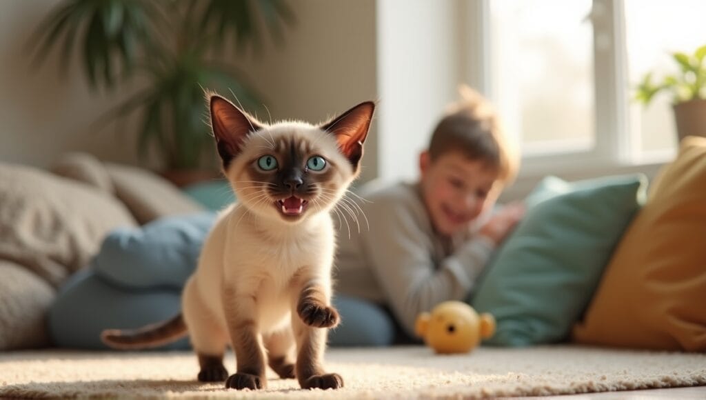 Playful Tonkinese cat with aqua eyes engaging with a family in a cozy living room.