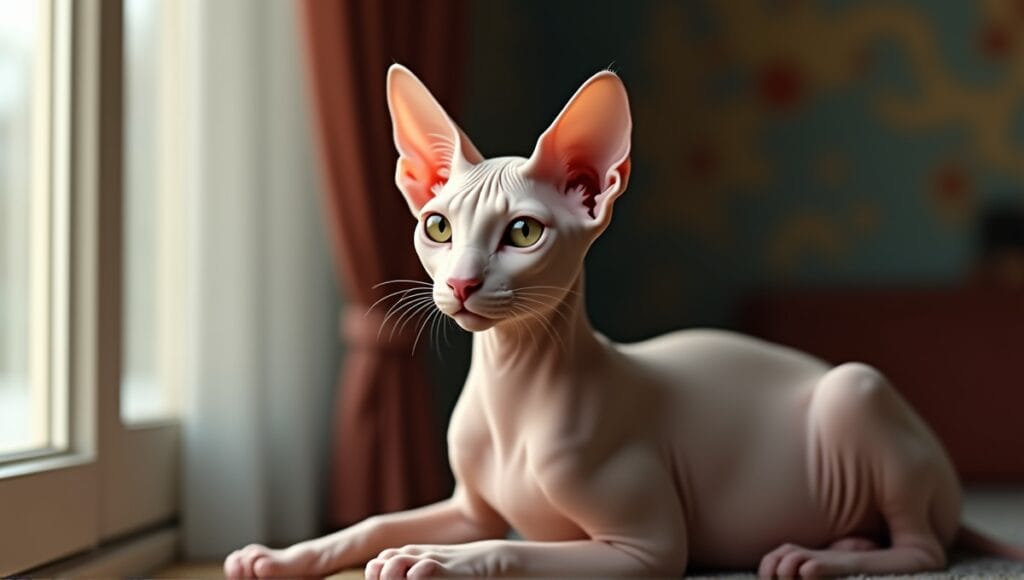 Peterbald cat with sleek body, large ears, and almond-shaped eyes in cozy indoor setting.