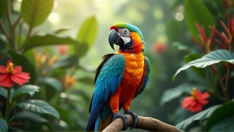 Parrot perched on a branch, showcasing vibrant colors and intricate feather patterns in a tropical setting.