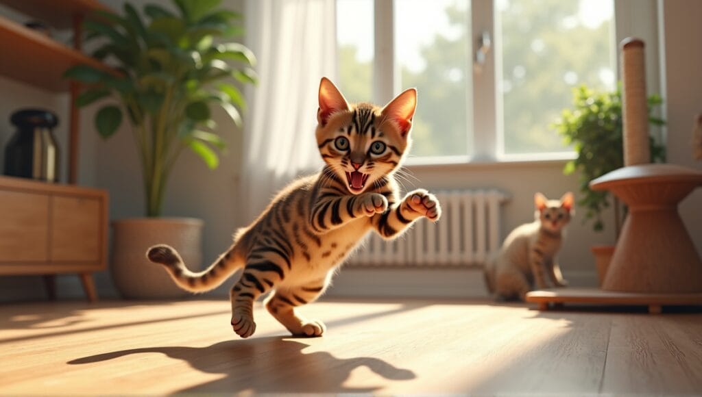 Bengal cat playing in a bright living room filled with toys and climbing structures.