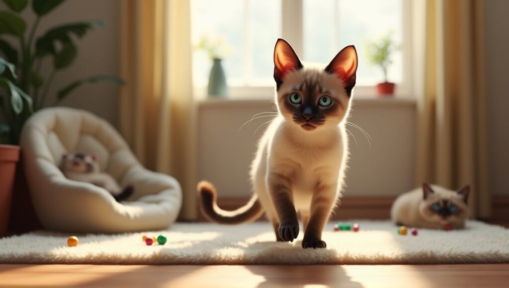 Playful Tonkinese cat with blue-green eyes in a cozy living room with toys and bed.