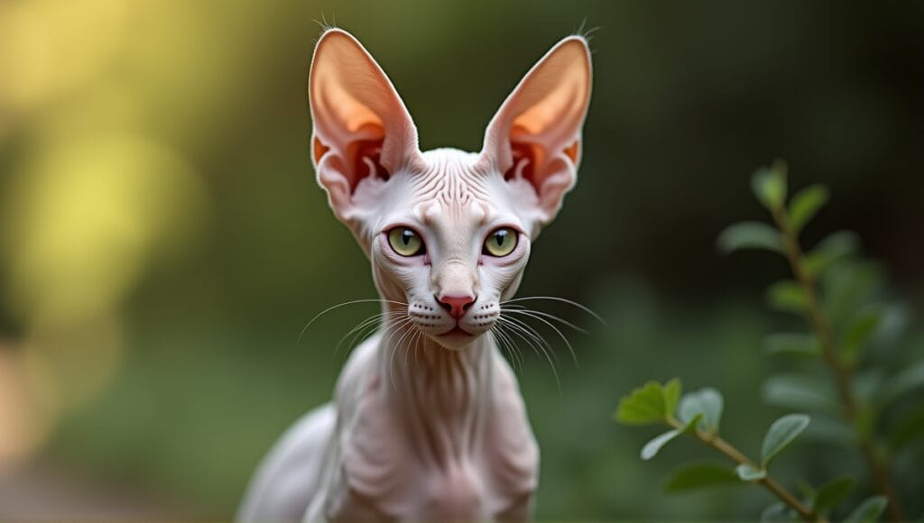 Portrait of a Peterbald cat with large ears, expressive eyes, and hairless coat.