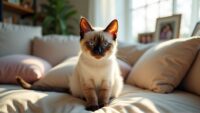 Playful Siamese cat with blue eyes sitting in a cozy living room, surrounded by cushions.