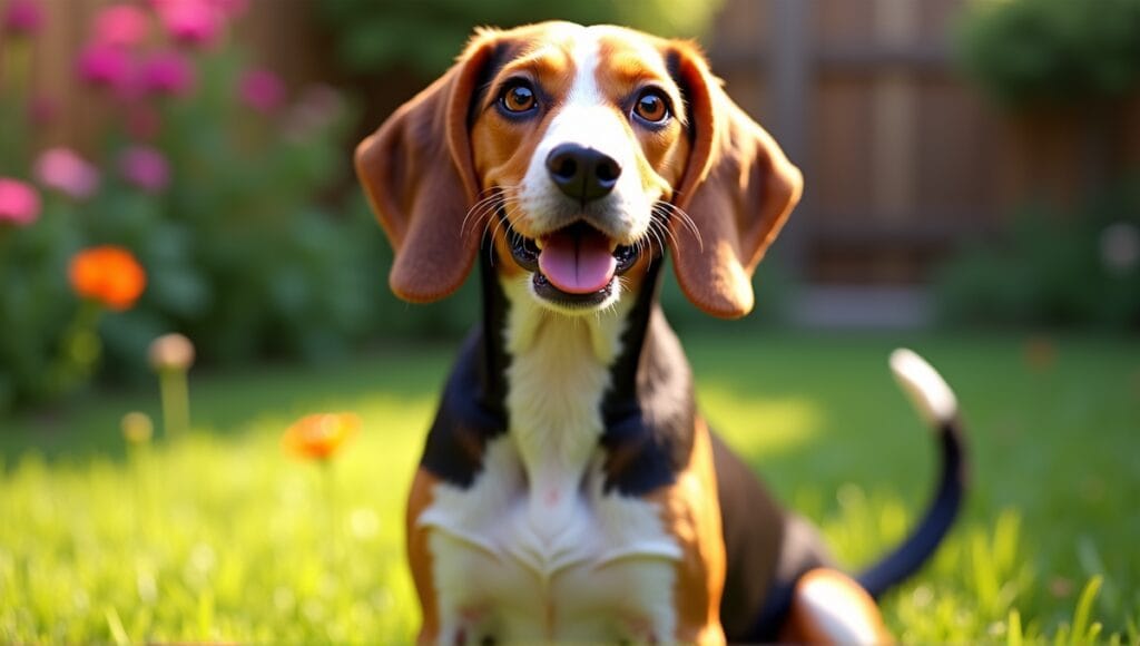 Playful hound dog with expressive eyes sitting in a sunlit backyard with flowers.