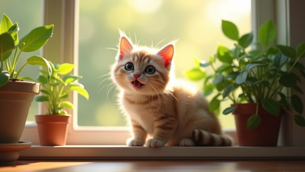 Munchkin cat with short legs and playful expression sitting on a sunlit windowsill.