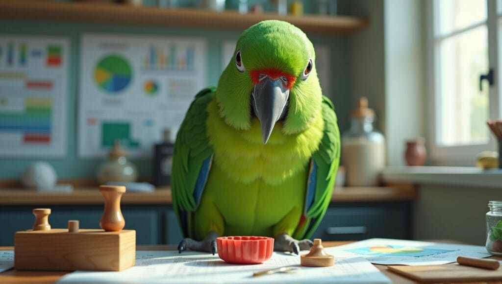 Vibrant green parrot solving cognitive puzzles in a research laboratory setting.