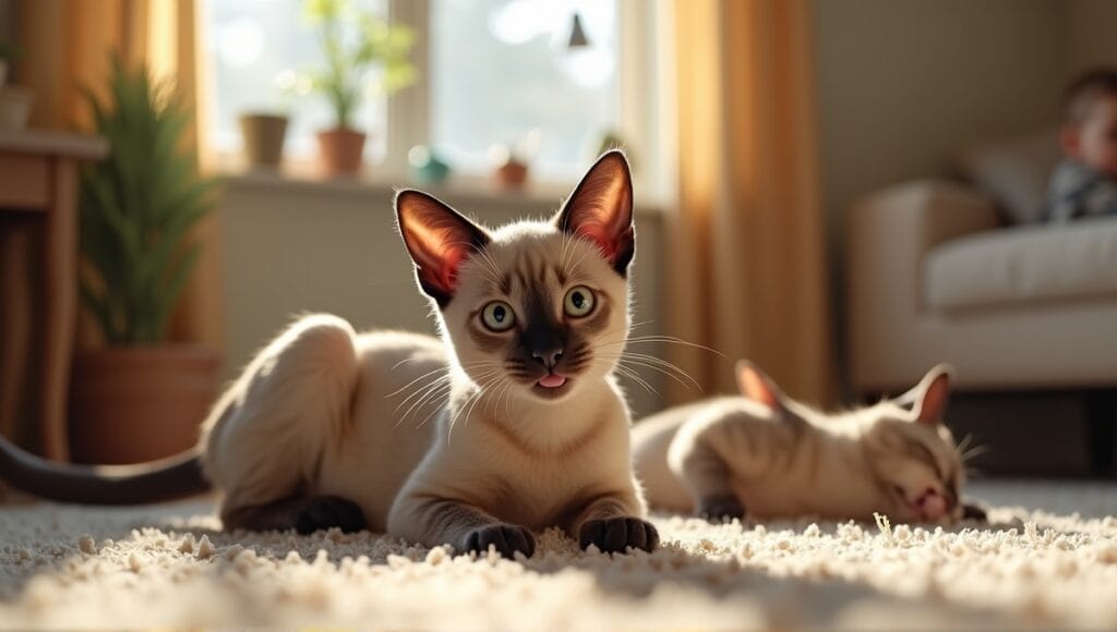 A playful Burmese cat interacting with a family in a cozy living room.