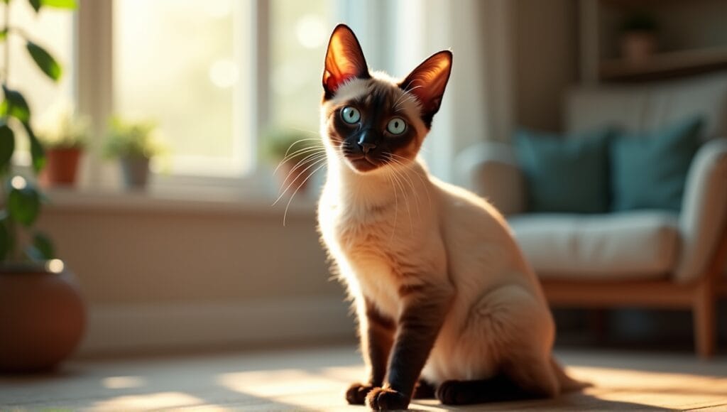 Tonkinese cat with aqua eyes lounging in a cozy, inviting living room.