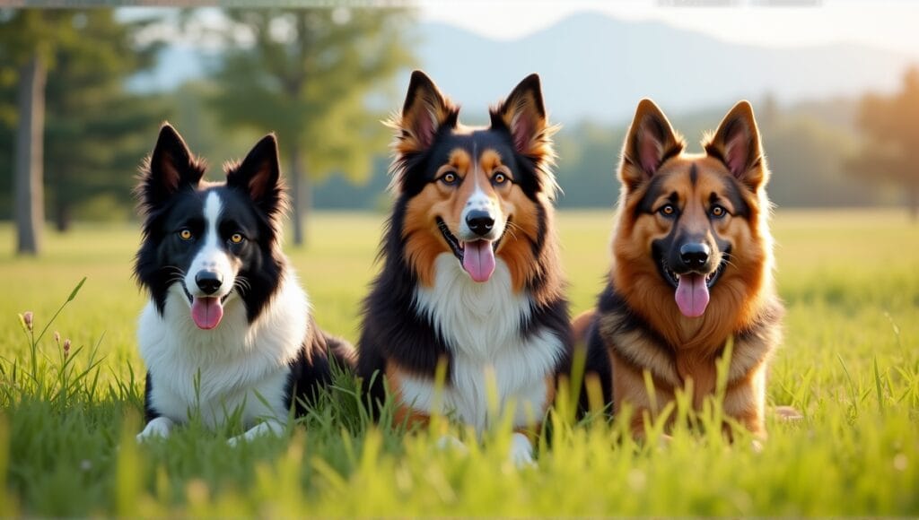 Border Collie, Australian Shepherd, and German Shepherd playing in a lush green pasture.