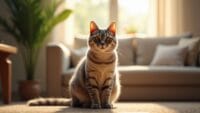 European cat with sleek coat and captivating eyes in a cozy living room setting.