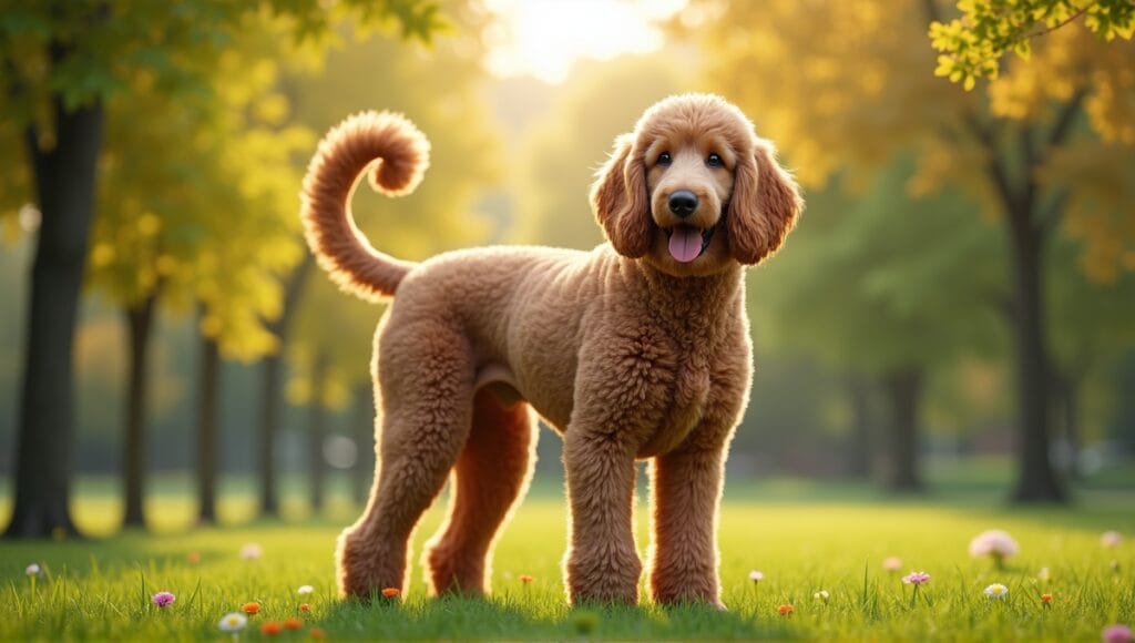 Large, well-groomed Standard Poodle in a lush park, showcasing companionship and beauty.